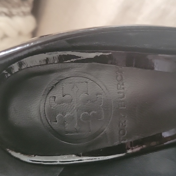 Tory Burch Colin Black Patent Leather Glitter Block Heels, Round Toe 6 M - Picture 3 of 10